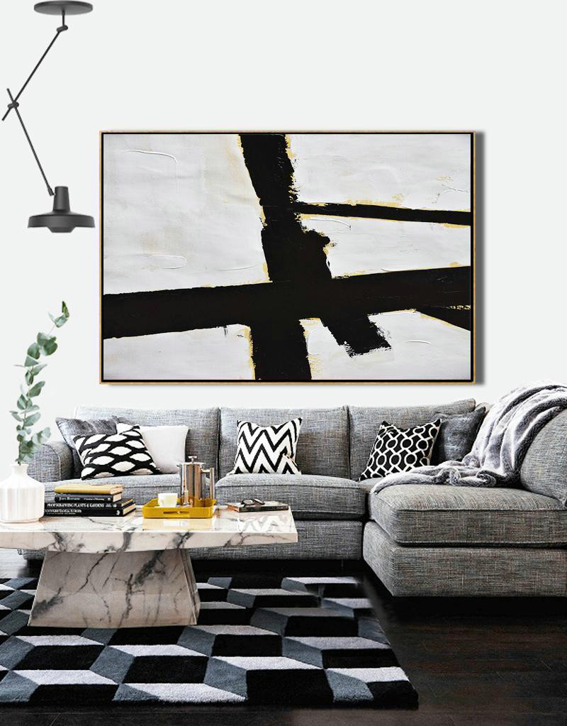Hand Paint Abstract Painting,Horizontal Palette Knife Minimal Canvas Art Painting Black White Beige - Abstract Painting For Home